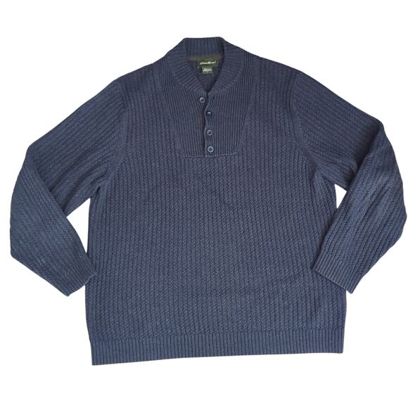 VTG Y2K Eddie Bauer Men's Sweater Large Henley‎ Fisherman Ribbed Knit Heavy Blue